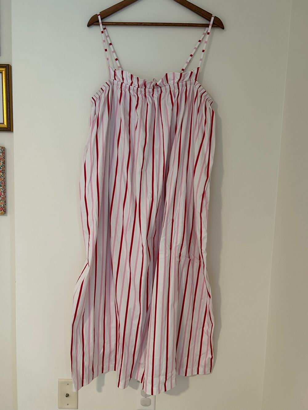 LAKE Pajamas Vertical Stripe Sleep Night Dress Red White Pink XL Cotton Pockets